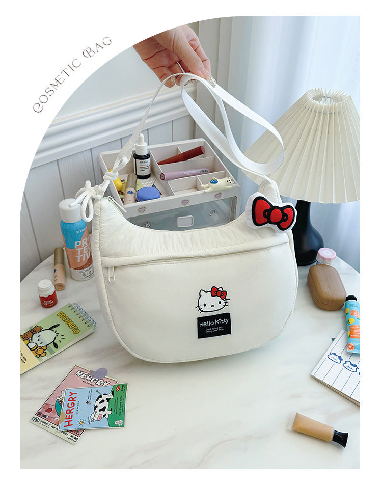 New Hello Kitty Large Capacity High-Value Shoulder Bag Cartoon Cute Bowknot Down Bag Crossbody Bag