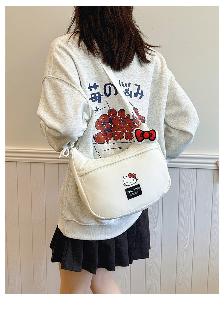 New Hello Kitty Large Capacity High-Value Shoulder Bag Cartoon Cute Bowknot Down Bag Crossbody Bag