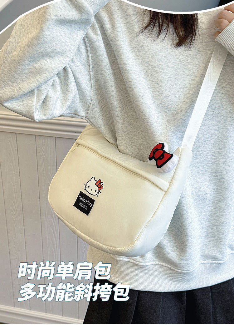New Hello Kitty Large Capacity High-Value Shoulder Bag Cartoon Cute Bowknot Down Bag Crossbody Bag