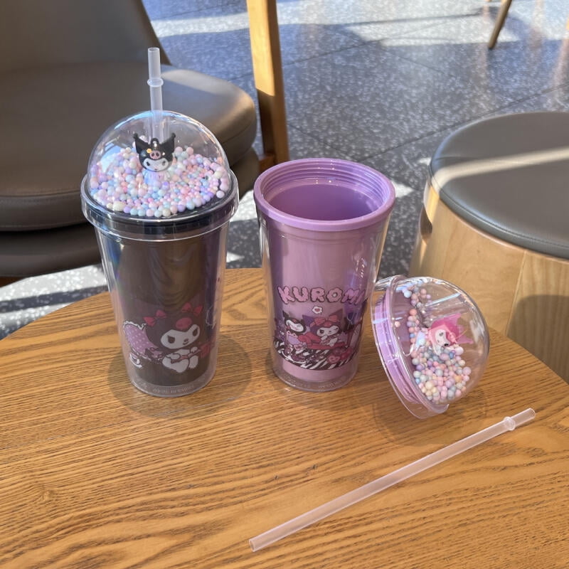 Sanrio Anime Kuromi Hello Kitty Cinnamoroll Melody Plastic Water Cup Double-Layer Plastic Cup Portable Sport Mug Straw Girl Gift