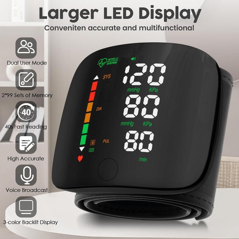Wrist Blood Pressure Monitor, Rechargeable Monitors for Home Use with Digital Large Display, Voice Broadcast, Blood Pressure Machine, Carrying Case