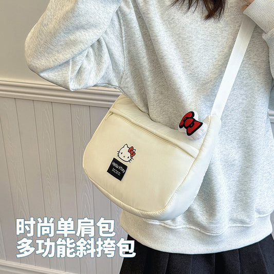 New Hello Kitty Large Capacity High-Value Shoulder Bag Cartoon Cute Bowknot Down Bag Crossbody Bag