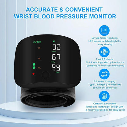 Wrist Blood Pressure Monitor, Rechargeable Monitors for Home Use with Digital Large Display, Voice Broadcast, Blood Pressure Machine, Carrying Case