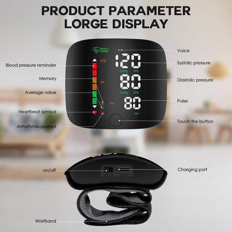 Wrist Blood Pressure Monitor, Rechargeable Monitors for Home Use with Digital Large Display, Voice Broadcast, Blood Pressure Machine, Carrying Case
