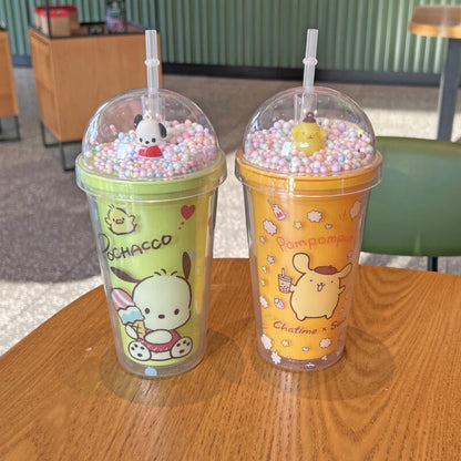 Sanrio Anime Kuromi Hello Kitty Cinnamoroll Melody Plastic Water Cup Double-Layer Plastic Cup Portable Sport Mug Straw Girl Gift