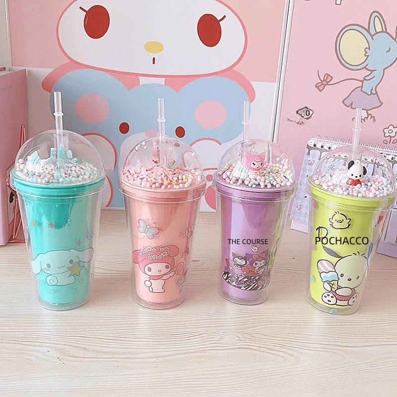 Sanrio Anime Kuromi Hello Kitty Cinnamoroll Melody Plastic Water Cup Double-Layer Plastic Cup Portable Sport Mug Straw Girl Gift