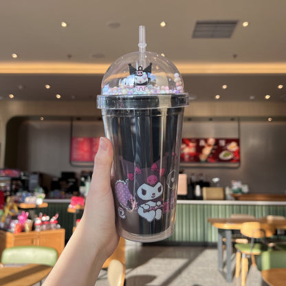 Sanrio Anime Kuromi Hello Kitty Cinnamoroll Melody Plastic Water Cup Double-Layer Plastic Cup Portable Sport Mug Straw Girl Gift