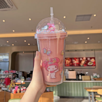 Sanrio Anime Kuromi Hello Kitty Cinnamoroll Melody Plastic Water Cup Double-Layer Plastic Cup Portable Sport Mug Straw Girl Gift