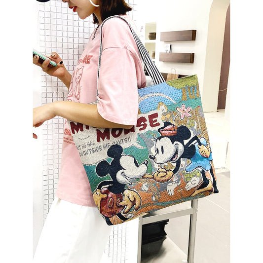 Home Mickey Shoulder Bag Casual Work Tote Bag Handbag Canvas Bag Cartoon Embroidery Bag