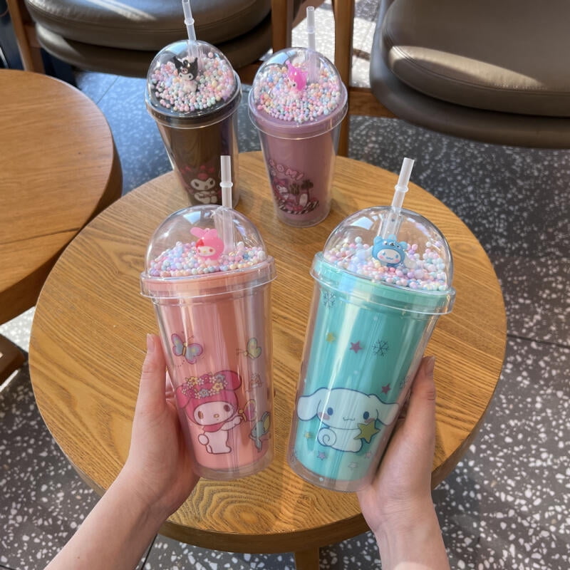 Sanrio Anime Kuromi Hello Kitty Cinnamoroll Melody Plastic Water Cup Double-Layer Plastic Cup Portable Sport Mug Straw Girl Gift