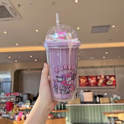 Sanrio Anime Kuromi Hello Kitty Cinnamoroll Melody Plastic Water Cup Double-Layer Plastic Cup Portable Sport Mug Straw Girl Gift